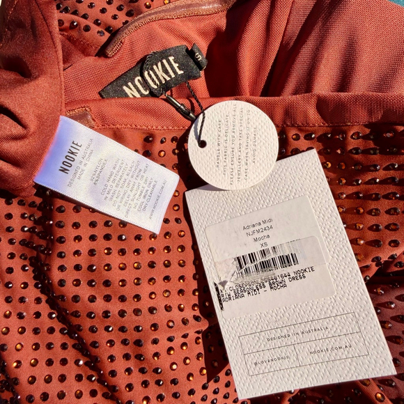 Nookie Adriana Midi Dress Brown Rhinestone Strapless Jersey Bodycon Size XS NWT - Picture 3 of 7